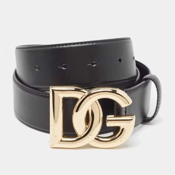 Pre Owned Dolce & Gabbana Black Leather DG Logo Buckle Belt 80 CM