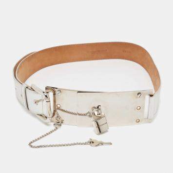 Pre Owned Dolce & Gabbana Silver Leather Padlock Metal Waist Belt 90 CM