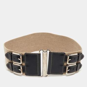 Pre Owned Dolce & Gabbana Beige/Black Elastic and Leather Double Buckle Wide Belt 75CM