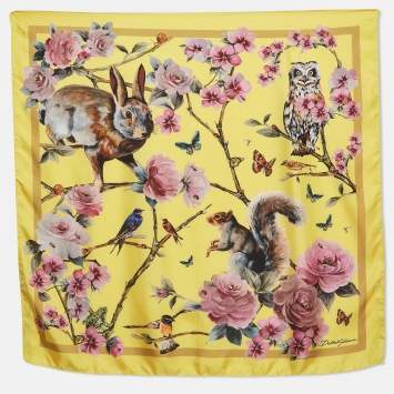 Pre Owned Dolce & Gabbana Yellow Enchanted Forest Print Silk Square Scarf