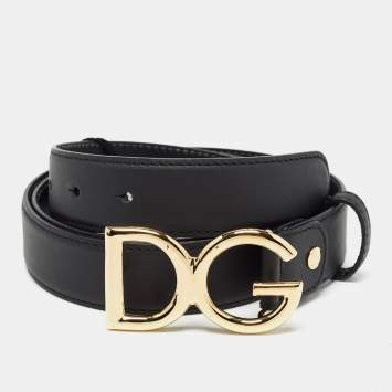 Pre Owned Dolce & Gabbana Black Leather DG Logo Buckle Belt 115 CM