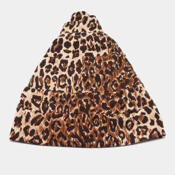 Pre Owned Dolce & Gabbana Brown Leopard Pattern Cashmere Tiered Beanie Hat Size 57
