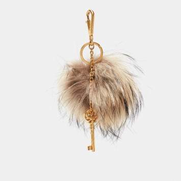 Pre Owned Dolce & Gabbana Beige Fox Fur & Keys Charm Keychain & Bag Charm