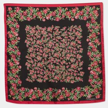 Pre Owned Dolce & Gabbana Black/Pink Roses Print Silk Square Scarf