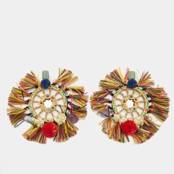 Pre Owned Dolce & Gabbana Multicolor Pom Pom & Tassel Oversized Clip On Earrings