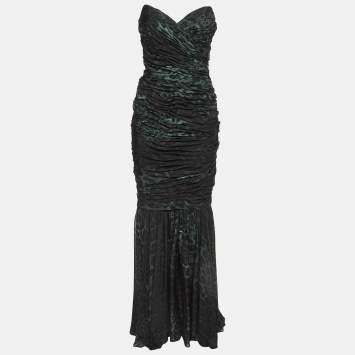 Pre Owned Dolce & Gabbana Green Animal Print Silk Ruched Strapless Gown M