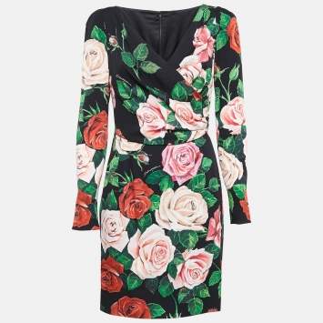 Pre Owned Dolce & Gabbana Black Rose Print Stretch Silk Mini Dress M