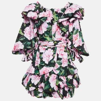 Pre Owned Dolce & Gabbana Black Floral Print Cotton Ruffled Off-Shoulder Dress M