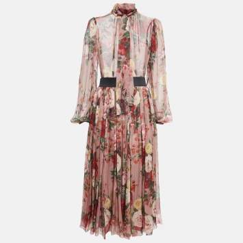 Pre Owned Dolce & Gabbana Pink Floral Print Chiffon Silk Skirt Set S/M