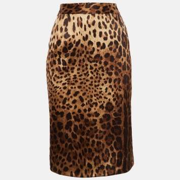 Pre Owned Dolce & Gabbana Brown Leopard Print Stretch Silk Pencil Skirt M