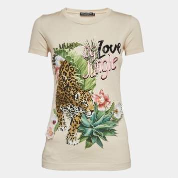 Pre Owned Dolce and Gabbana Beige Jungle Printed & Embroidered Cotton Knit T-Shirt S