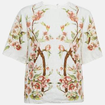 Pre Owned Dolce & Gabbana Off White Floral Print Linen Top S