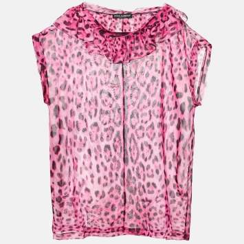 Pre Owned Dolce & Gabbana Pink Leopard Print Silk Ruffle Top L