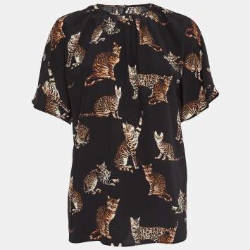 Pre Owned Dolce & Gabbana Black Cat Print Silk Top S
