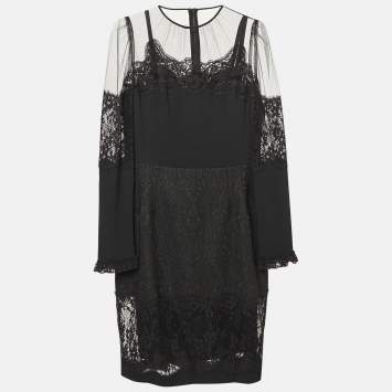 Pre Owned Dolce & Gabbana Black Lace Trim Tulle and Jacquard Midi Dress M