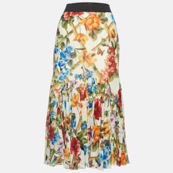Pre Owned Dolce & Gabbana Multicolor Floral Print Silk Midi Skirt M