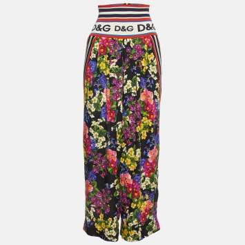 Pre Owned Dolce & Gabbana Black Floral Printed Silk High Waist Detailed Pants M