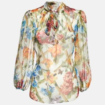 Pre Owned Dolce & Gabbana White Floral Print Silk Neck Tie-Up Top M