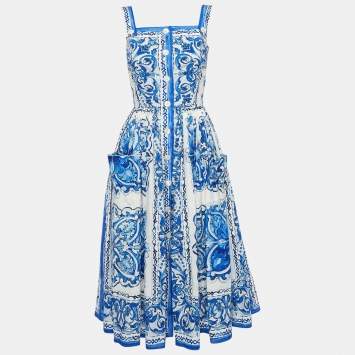 Pre Owned Dolce & Gabbana Blue Majolica Print Cotton Pleated Midi Dress S