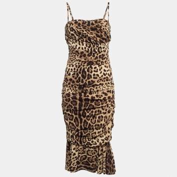 Pre Owned Dolce & Gabbana Leopard Print Stretch Silk Ruched Midi Dress M