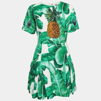 Pre Owned Dolce & Gabbana Green Banana Leaf Cotton Pineapple Embellished Short Dress M