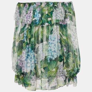 Pre Owned Dolce & Gabbana Green Hydrangea Print Silk Off-Shoulder Top M