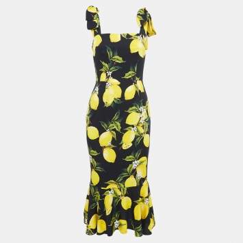 Pre Owned Dolce & Gabbana Black Lemon Print Silk Sleeveless Midi Dress M