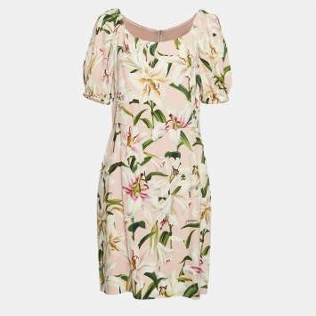 Pre Owned Dolce & Gabbana Pink Lily Print Crepe Mini Dress XL