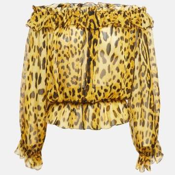 مملوكة مسبقًا Dolce & Gabbana Yellow Leopard Print Silk Off-Shoulder Top M