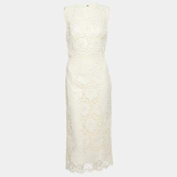 Pre Owned Dolce & Gabbana Cream Floral Lace Midi Dress S