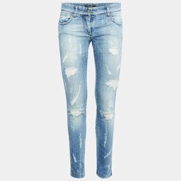 Pre Owned Dolce & Gabbana Blue Distressed Denim Skinny Jeans S Waist 30"