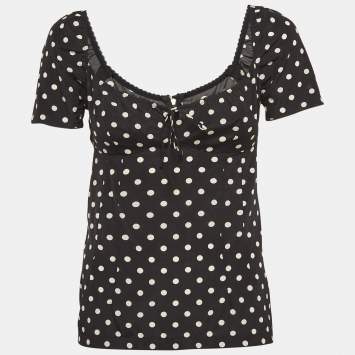 Pre Owned Dolce & Gabbana Black Polka Dots Print Silk Sweetheart Neck Top S