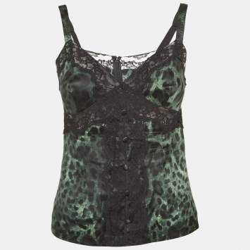 Pre Owned Dolce & Gabbana Green Leopard Print Lace Trim Stretch Satin Camisole Top S