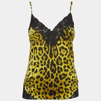Pre Owned Dolce & Gabbana Yellow Leopard Print Stretch Satin and Lace Camisole Top M