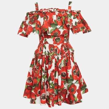 Pre Owned Dolce & Gabbana Red Floral Print Poplin Tiered Short Dress S