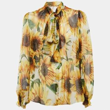 Pre Owned Dolce & Gabbana Yellow Floral Print Button Front Tie-Up Neck Blouse S