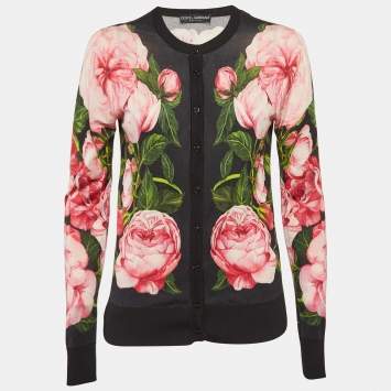 Pre Owned Dolce & Gabbana Black Floral Print Knit Button Front Cardigan S