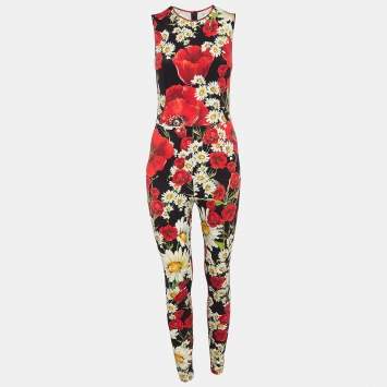 Pre Owned Dolce & Gabbana Black Floral Print Jersey Catsuit Jumpsuit S