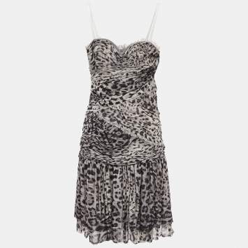 Pre Owned Dolce & Gabbana Grey Leopard Print Silk Ruched Midi Dress M