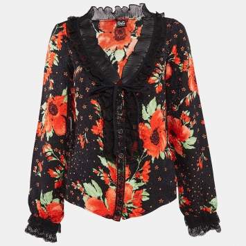 Pre Owned Dolce & Gabbana Black Floral Print Satin Ruffled Shirt M