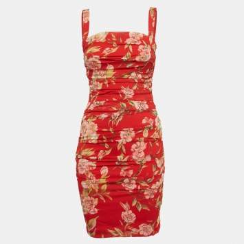 Pre Owned Dolce & Gabbana Red Silk Floral Print Ruched Sleeveless Dress S