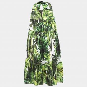 Pre Owned Dolce & Gabbana Green Leaves Print Cotton Halter Neck Short Dress M