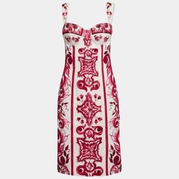 Pre Owned Dolce & Gabbana Pink Majolica Print Terry Cotton Midi Dress M