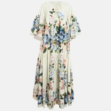 Pre Owned Dolce & Gabbana Exclusive Green Floral Print Poplin Flared Maxi Dress S
