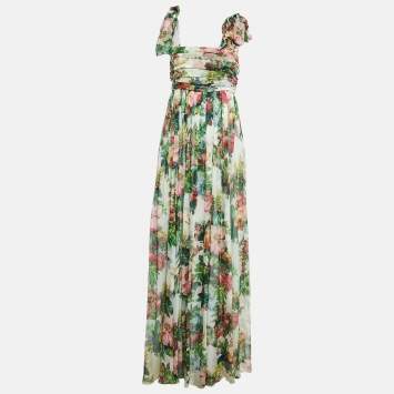 Pre Owned Dolce & Gabbana Green Floral Print Chiffon Silk Waist Tie Detail Maxi Dress S