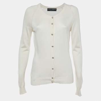 Pre Owned Dolce & Gabbana Cream Silk Knit Crystal Button Front Cardigan L