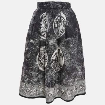 Pre Owned Dolce & Gabbana Grey Printed Linen Midi Skirt S