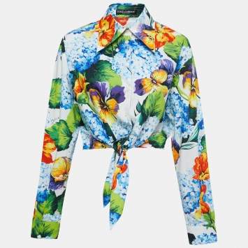 Pre Owned Dolce & Gabbana Multicolor Floral Print Cotton Tie-Up Detail Crop Shirt M