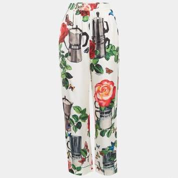 مملوكة مسبقًا Dolce & Gabbana White Printed Silk Satin Pants S