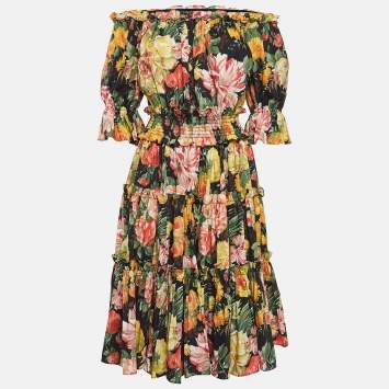 مملوكة مسبقًا Dolce & Gabbana Black Floral Print Cotton Tiered Midi Dress S